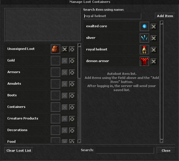 Manage Loot Containers (Autoloot Manager) window